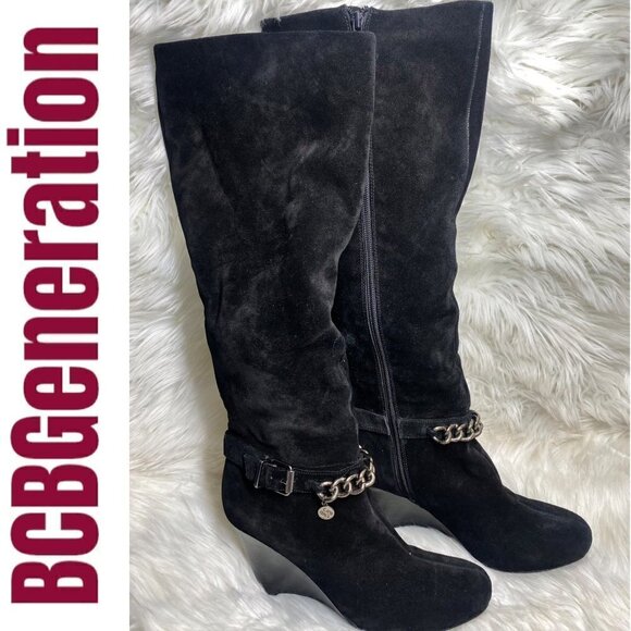 BCBGeneration Merryl Black Genuine Suede Tall Wedge Chain Link Boots, Size 9 - Picture 2 of 12